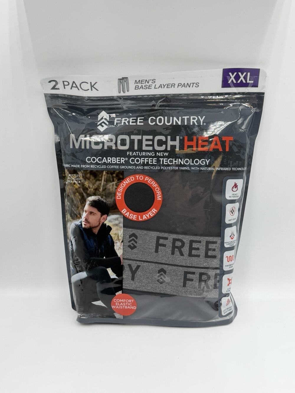 Free Country Microtech Heat Base Layer Pant Men's 2XL Black Stretch -Pack of 2